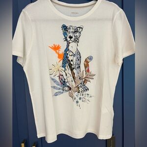 Marc Cain White Graphic T-Shirt with Animal Print. Size 14